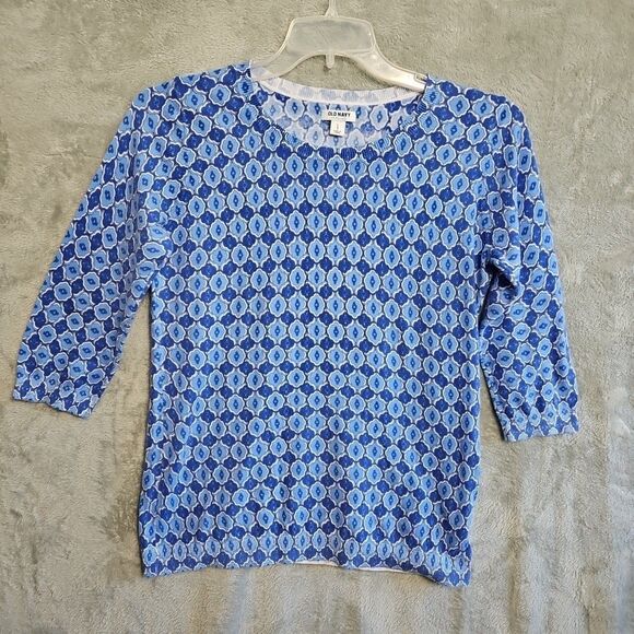 Old Navy Women's Sz Lg Blue Geometric  Sweater pullover 3/4 sleeve cotton - Picture 1 of 9